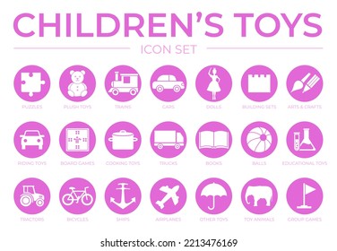 Pink Children's Toys Icon Set With Puzzle, Plush, Train And Car, Board Game, Dolls, Book, Balls, Educational, Tractor, Bicycle, Plane, Animals, Other And Group Game Isolated Icons