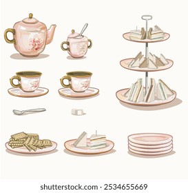 pink china porcelain ceramic set coffee cups afternoon british tea time party finger sandwich classical pottery tableware container illustration on white background