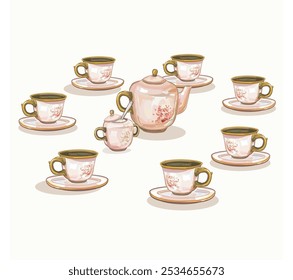 porcelana cor-de-rosa cerâmica conjunto de xícaras de café tarde chá britânico tempo festa cerâmica clássica cerâmica tableware container ilustração sobre fundo branco