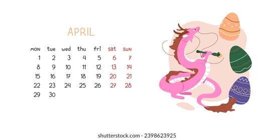 Pink Chinese dragon decorates Easter eggs for holiday. Horizontal format for spring month of April 2024. Symbol of Chinese Lunar New Year 2024. Vector illustration isolated on white background