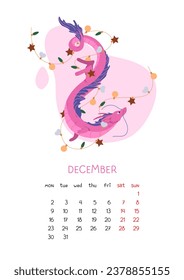 Pink Chinese dragon fly through New Year garland. December month calendar with weeks and 2024 symbol. Vertical printable planner page design. Vector illustration oriental holiday on white background