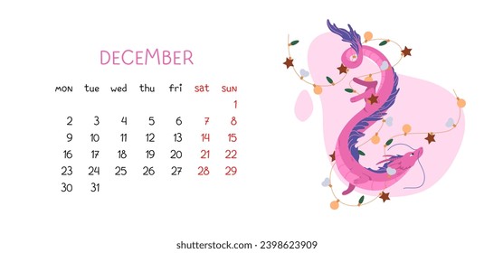 Pink Chinese dragon fly through New Year garland. December month calendar with weeks and 2024 symbol. Horizontal printable planner page design. Vector illustration oriental holiday on white background