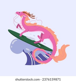 dragón chino rosa recorre olas en la tabla de surf. Ilustración vectorial del dragón en la cresta de la ola para las vacaciones de verano en estilo plano. Símbolo tradicional del Año Nuevo lunar 2024. Calendario de diseño o festival