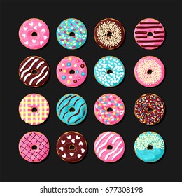 Pink, chocolate and blue mint donut with different topping on black background