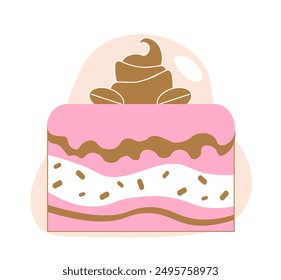 Pink chocolate cake. Dessert and delicacy. Cake in glaze with springles. Bakery and sweet products, confectionery. Poster or banner. Linear vector illustration isolated on white background