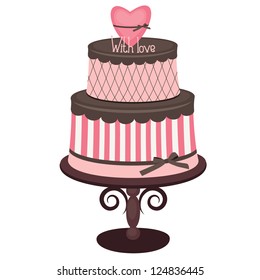 Pink and chocolate cake with heart, isolated on white