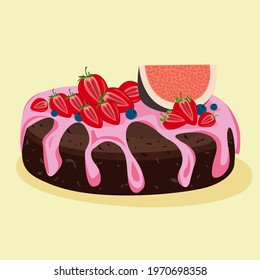 Pink chocolate cake with icing, strawberries and blueberries
