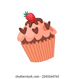 Pink chocolate cupcake or muffin vector illustration. Drawing of little cake with frosting isolated on white background. Holiday, dessert, decoration concept