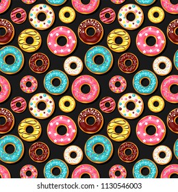 pink and chocolate donuts, lemon and blue mint glaze donuts with multicolored sprinkles. Seamless pattern