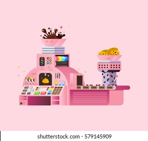 Pink Chocolate Factory Illustration. Child Print Of Creative Chocolate Food Preparation, Made From Roasted And Ground Cacao Seeds. Smart Sweets Processing Machine  