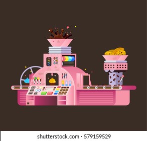 Pink Chocolate Factory Illustration On Dark Background. Child Print Of Creative Cacao Food Preparation. Smart Sweets Processing Machine  