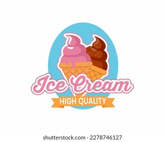 Pink and chocolate ice cream in a waffle cone. Vector flat line icon. Cartoon style illustration for sticker and t-shirt design. flat logo design