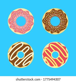 Pink, chocolate sweet glazed donut set on colorful background. Top view vector illustration