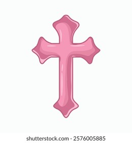 Pink Christian cross icon in cartoon style isolated on white background. Religion symbol vector illustration