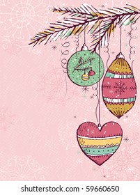 pink christmas background with christmas balls,  vector illustration