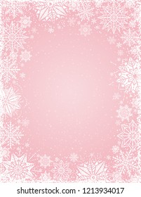 Pink christmas background with frame of white snowflakes and stars, vector illustration
