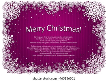 Pink Christmas background with white frame of snowflakes. Vector illustration.