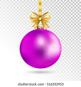 Pink Christmas ball with gold bow. Holiday christmas toy for fir tree isolated on transparent background. Vector illustration.