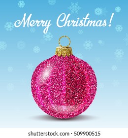 Pink christmas ball on blue background with snowflakes. Glitter sequins texture. Decoration for christmas tree or new year. Greeting card and banner. Vector EPS10 illustration.