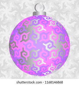 Pink christmas ball with silver snowflakes in techno style.