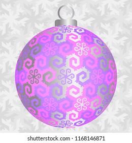 Pink christmas ball with silver snowflakes in techno style.
