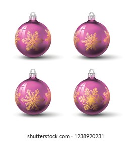 Pink christmas balls with different snowflake ornament on it. Set of isolated realistic glass balls. Vector illustration for your design.