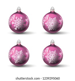 Pink christmas balls with different snowflake ornament on it. Set of isolated realistic glass balls. Vector illustration for your design.