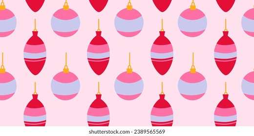 Pink Christmas balls seamless pattern for fabric, paper, decoration. Flat style