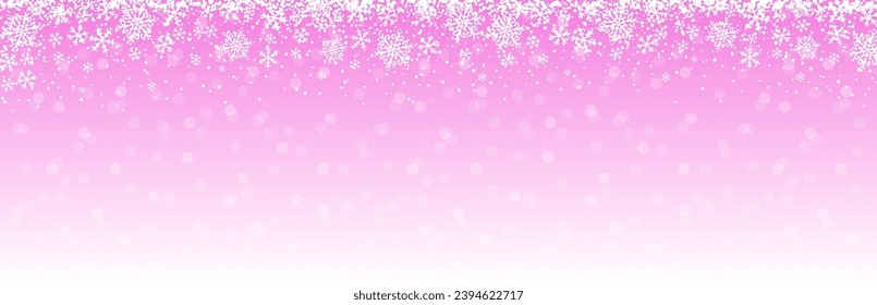 Pink Christmas banner with snowflakes and stars. Merry Christmas and Happy New Year greeting banner. Horizontal new year background, headers, posters, cards, website. Vector illustration