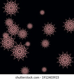 Pink Christmas Black Winter Stars Illustration. GothicCold Dark Mandala Girl Composition. Folk New Year Snowflakes Print Winter Pattern. Mystery Colorful Girl Sharp Chaotic Sky Background.