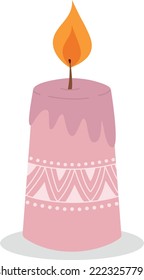 Pink Christmas candle with a pattern highlighted on a white background. Festive illustration with a burning candle.  Vector illustration in a fashionable style.