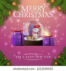 Pink Christmas card with fir branches, gifts and snow globe