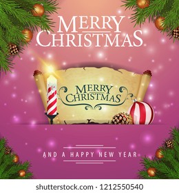 Pink Christmas card with fir branches, candle and parchment