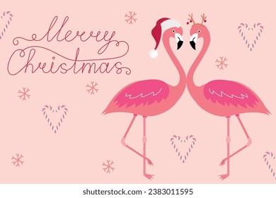 Pink Christmas card with flamingo in love. Hand drawn lettering for Xmas greetings card. 