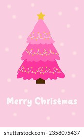 pink Christmas card . pink Christmas tree with the phrase Merry Christmas. Vector illustration