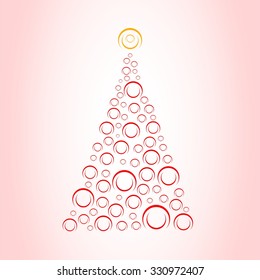 Pink Christmas card with Christmas tree from red rings from the top of the orange rings
