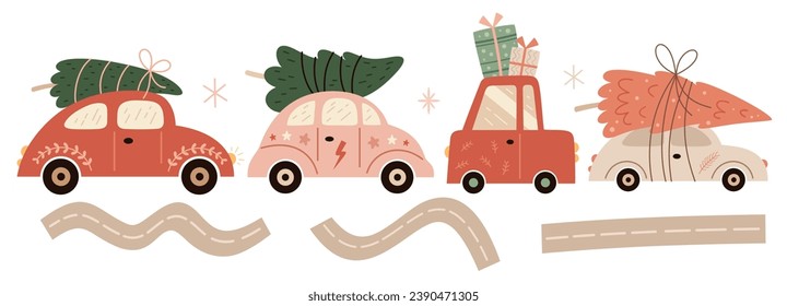 Los autos de Navidad rosados se hacen presentes. Camión de camión de árbol de Navidad retro en estilo plano de caricatura