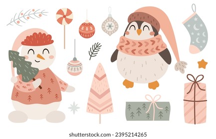 Pink Christmas clipart with cute Snowman, penguin, Christmas tree, gifts in cartoon flat style. Merry Christmas vector illustration