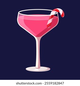 Pink Christmas cocktail illustration. Vector illustration of festive drink with candy cane.