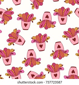 Pink christmas cups with hearts and leaves over dark background. Vector illustration