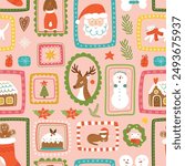 Pink Christmas cute geometric seamless pattern. Christmas framed portraits of Santa, reindeer, gingerbread, cats and dogs hanging on wall. Vector winter holiday patchwork print, wallpaper, background