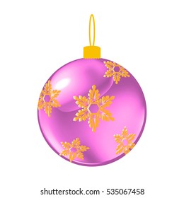Pink Christmas decorative ball. Vector illustration of glass object on white.