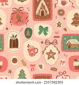 Pink Christmas dessert, gingerbread, bow knots seamless pattern. Winter holidays cookies framed portraits, tasty wallpaper, textile design, baking background. Vector patchwork print, food illustration