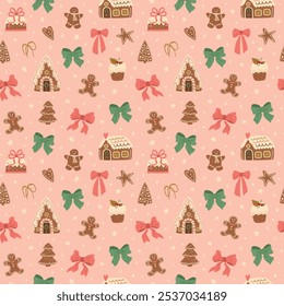 Pink Christmas desserts, bows, ribbons seamless pattern. Winter holidays cookies vector repeat background. New year textile design, wallpaper, print, wrapping, gift paper. Hand drawn food illustration