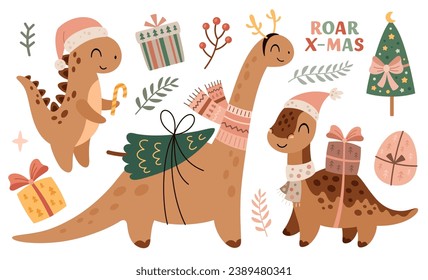 Pink Christmas dinosaurs clipart in cartoon flat style. Merry Christmas illustration	