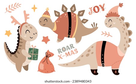 Pink Christmas dinosaurs clipart in cartoon flat style. Merry Christmas illustration	