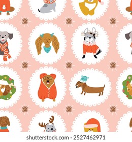 Pink Christmas dogs seamless pattern. Cute puppies portrait framed on the white spots. Winter holiday background with pets funny wallpaper, New Year print, wrap paper, textile. Vector hand drawn dogs.