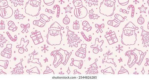 Padrão de doodle de Natal rosa, vetor sem emenda repetindo fundo de férias com ilustrações desenhadas à mão, papel de parede duotônico das crianças ou design de papel de embrulho