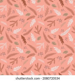 Pink Christmas floral pattern. Christmas botanical fir tree branches, hand drawn leaves. Pink winter holiday floral graphic design. Fabric, wallpaper, paper, background, texture. Vector illustration.