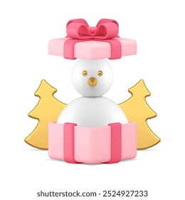 Pink Christmas gift box with snowman toy and spruce 3d icon realistic vector illustration. Luxury elegant feminine Xmas New Year festive present traditional winter holiday surprise for celebration